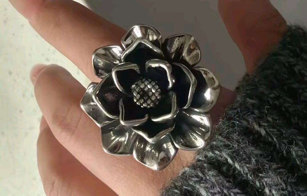Nwob Y2k Flower Silver Plated Adjustable Chunky Statement Ring